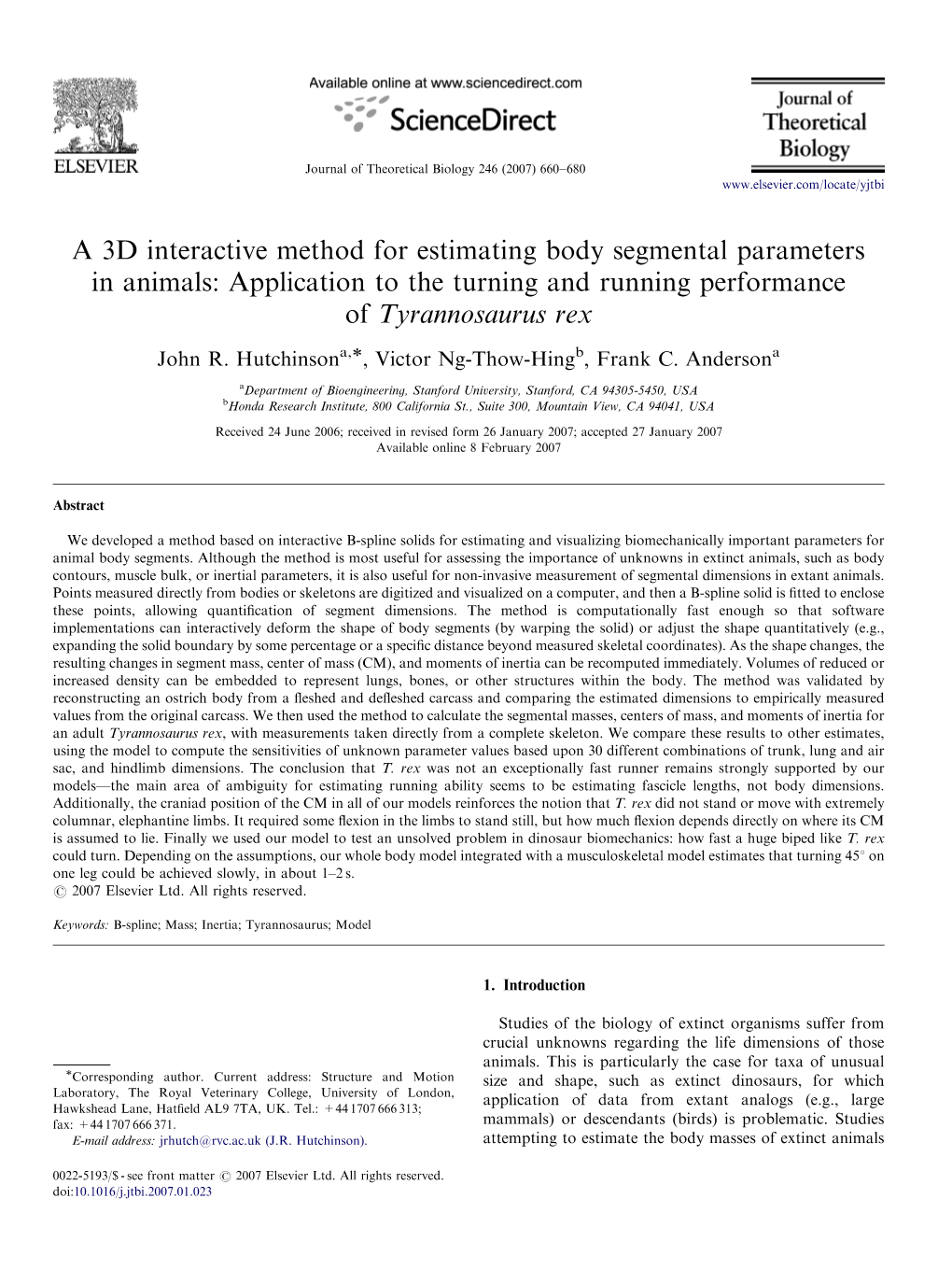 A 3D Interactive Method for Estimating Body Segmental Parameters in Animals: Application to the Turning and Running Performance of Tyrannosaurus Rex