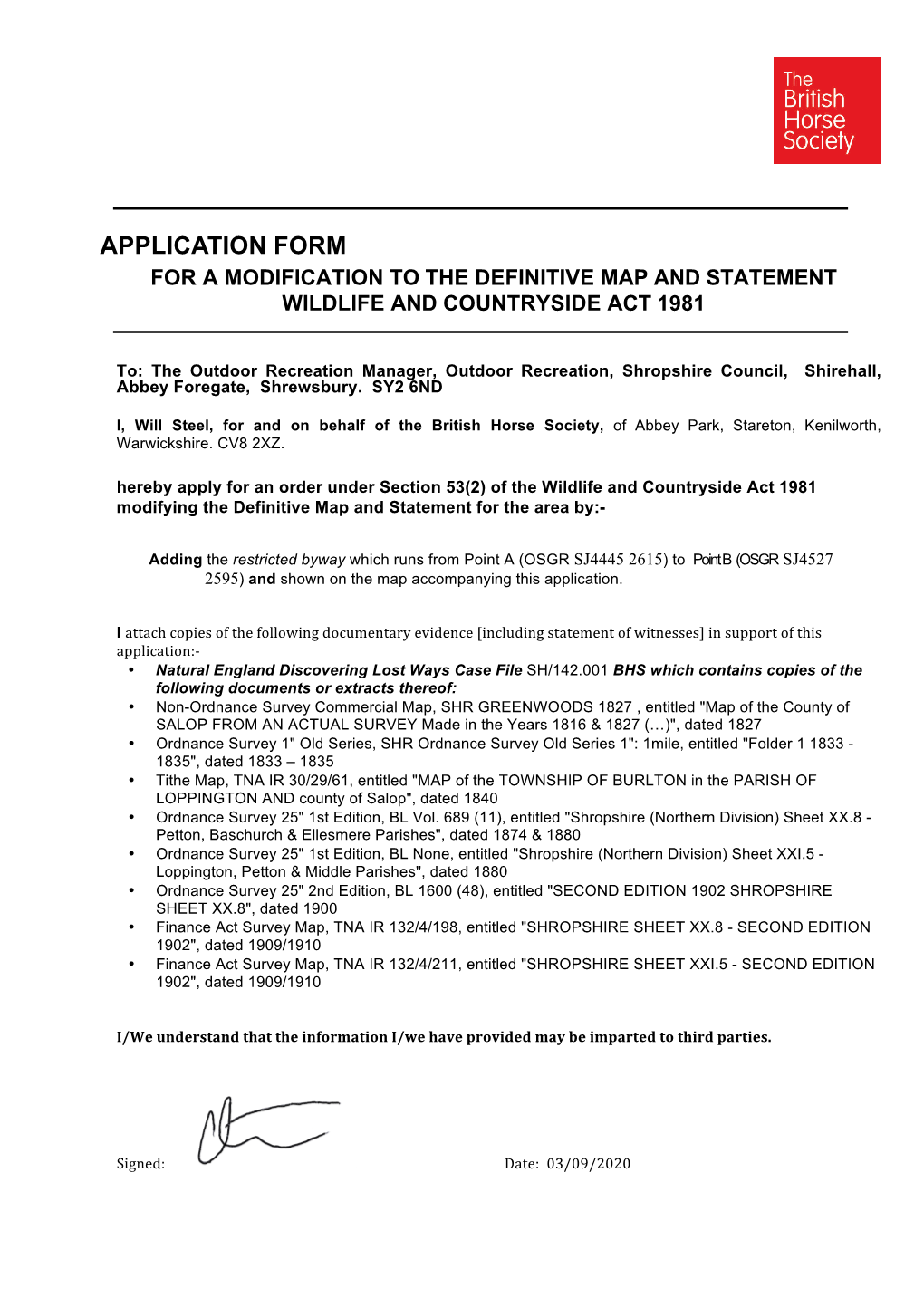 Application Form for a Modification to the Definitive Map and Statement Wildlife and Countryside Act 1981