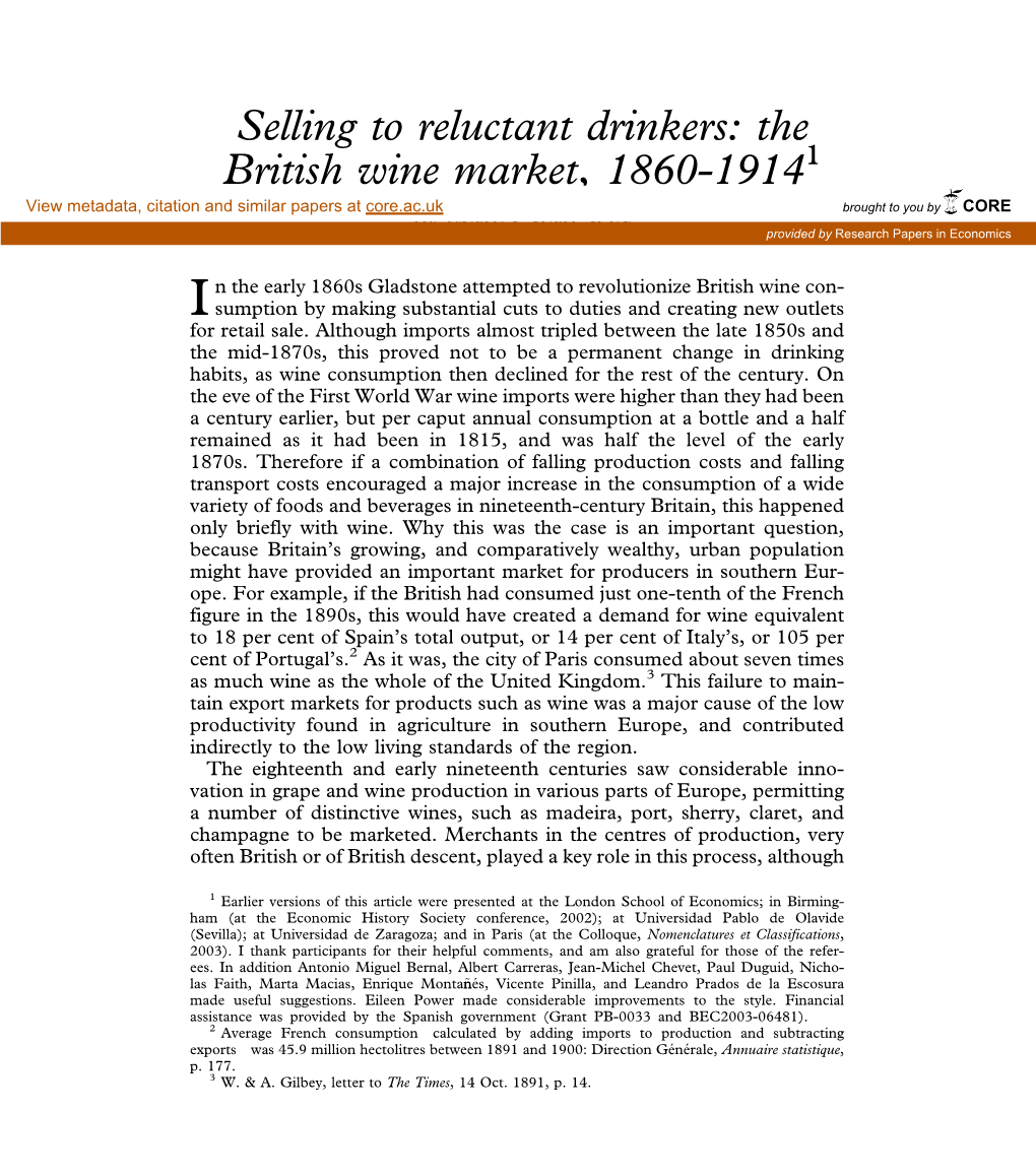 Selling to Reluctant Drinkers: the British Wine Market, 1860–1914