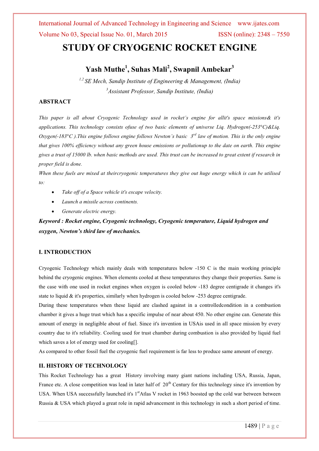 Study of Cryogenic Rocket Engine