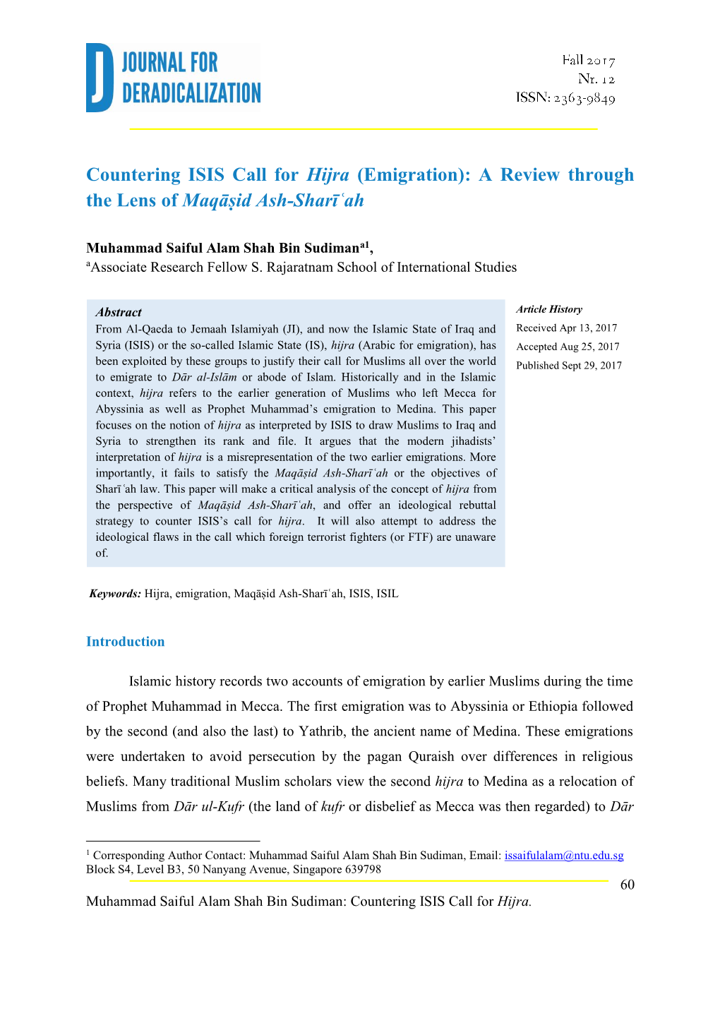 Countering ISIS Call for Hijra (Emigration): a Review Through the Lens of Maqāṣid Ash-Sharīʿah