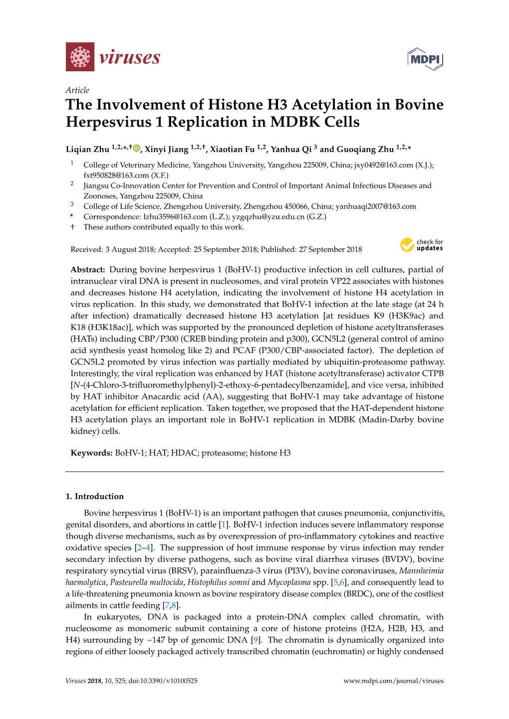 The Involvement of Histone H3 Acetylation in Bovine Herpesvirus 1 Replication in MDBK Cells