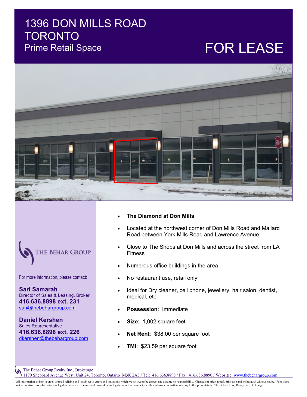 1396 DON MILLS ROAD TORONTO Prime Retail Space for LEASE