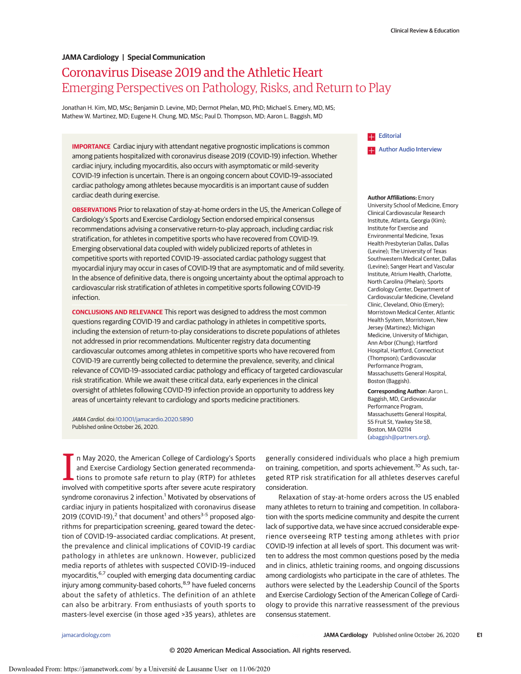 Coronavirus Disease 2019 and the Athletic Heart Emerging Perspectives on Pathology, Risks, and Return to Play