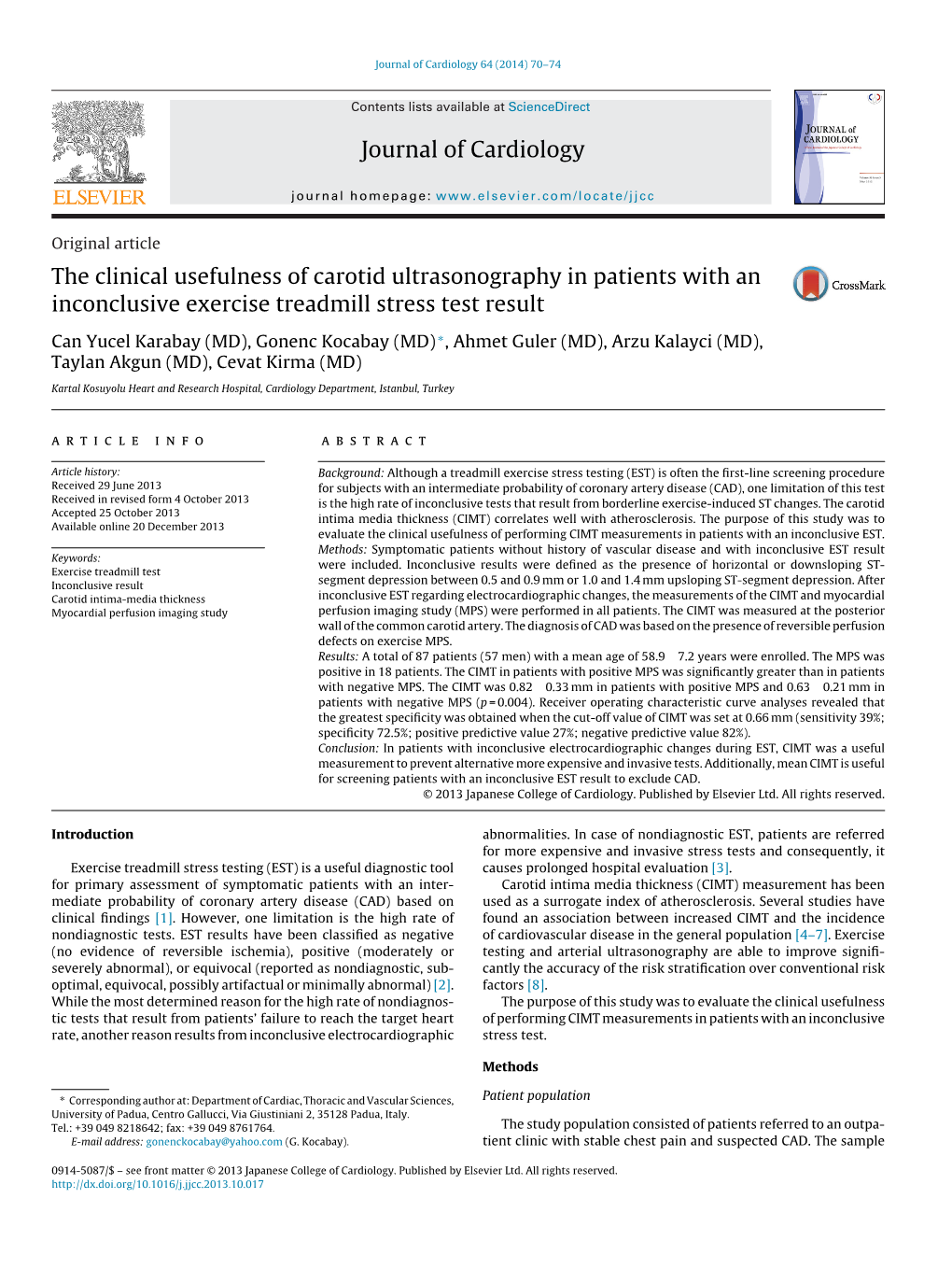 The Clinical Usefulness of Carotid Ultrasonography in Patients with an Inconclusive Exercise Treadmill Stress Test Result