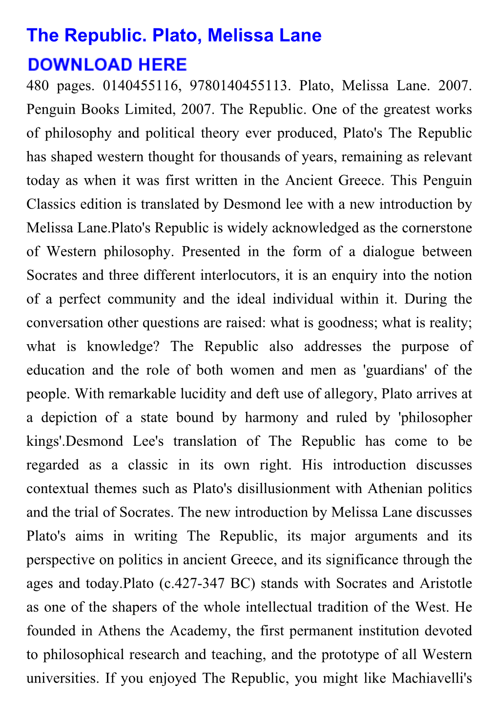 The Republic. Plato, Melissa Lane