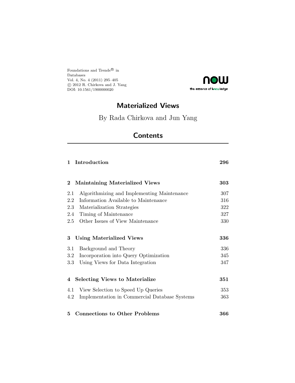 Materialized Views Contents