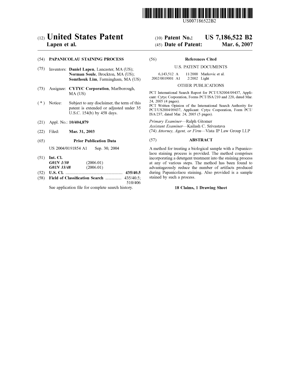 (12) United States Patent (10) Patent No.: US 7,186,522 B2 Lapen Et Al