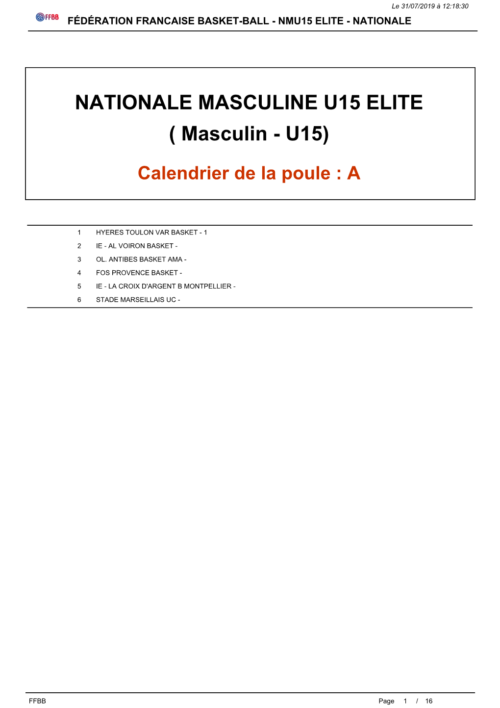 NATIONALE MASCULINE U15 ELITE ( Masculin - U15)