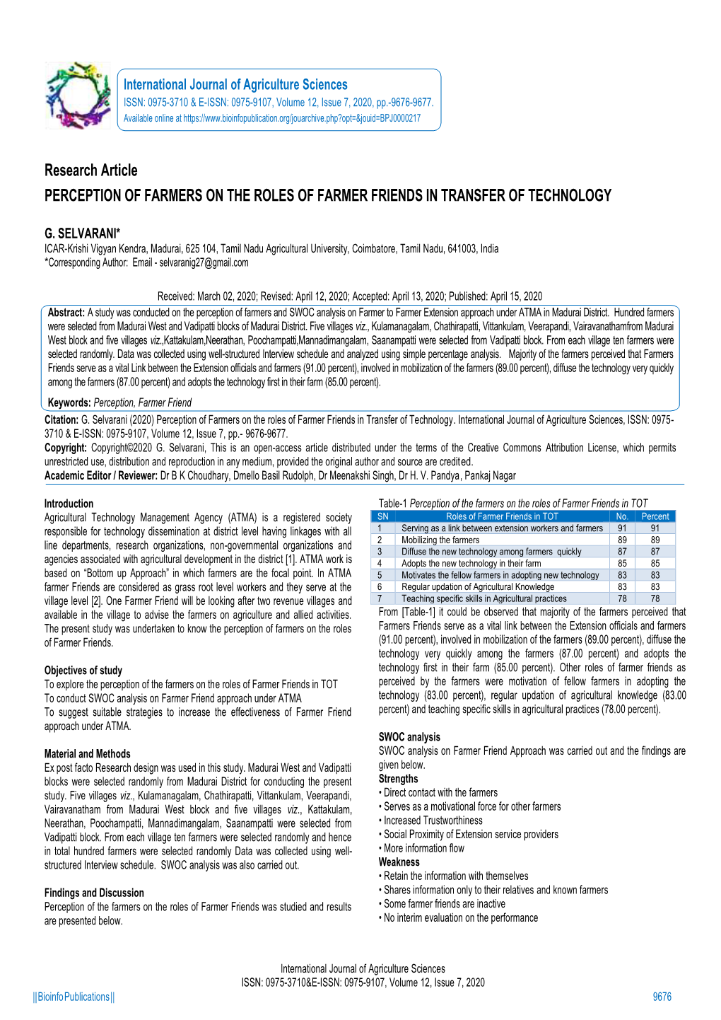 Research Article PERCEPTION of FARMERS on the ROLES of FARMER FRIENDS in TRANSFER of TECHNOLOGY