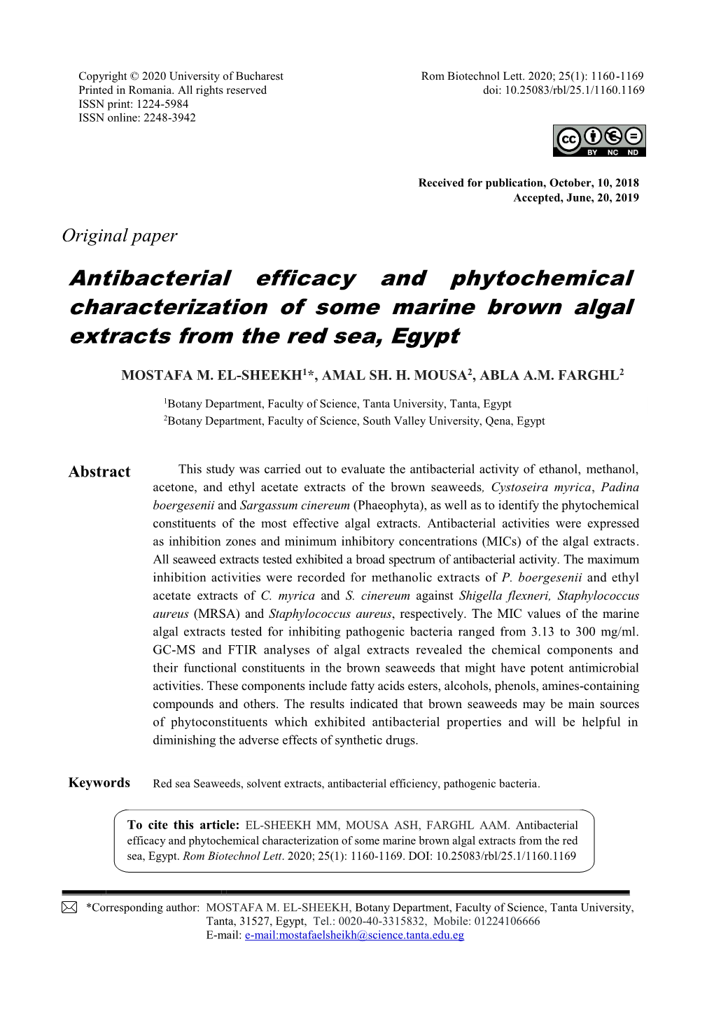 Antibacterial Efficacy and Phytochemical Characterization of Some Marine Brown Algal Extracts from the Red Sea, Egypt