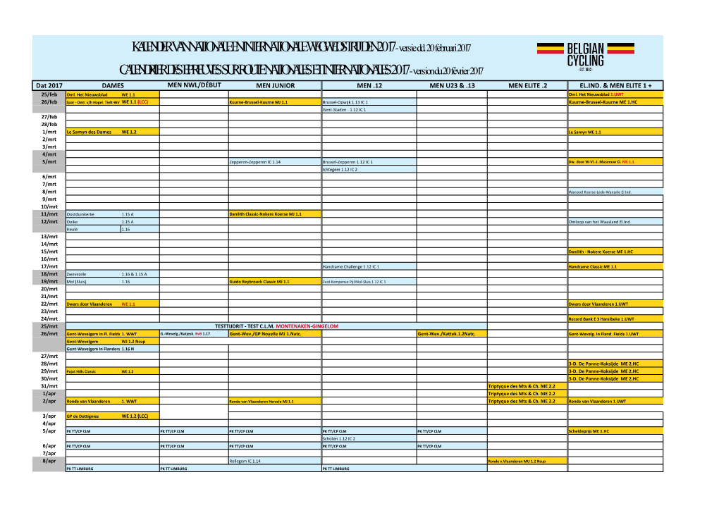 KALENDER VAN NATIONALE EN INTERNATIONALE WEGWEDSTRIJDEN 2017 - Versie Dd