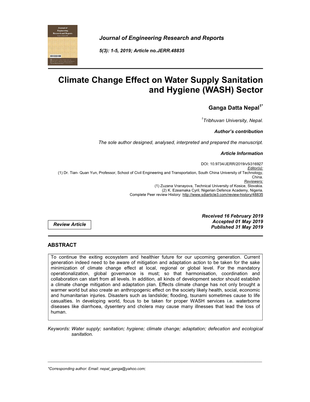 Climate Change Effect on Water Supply Sanitation and Hygiene (WASH) Sector