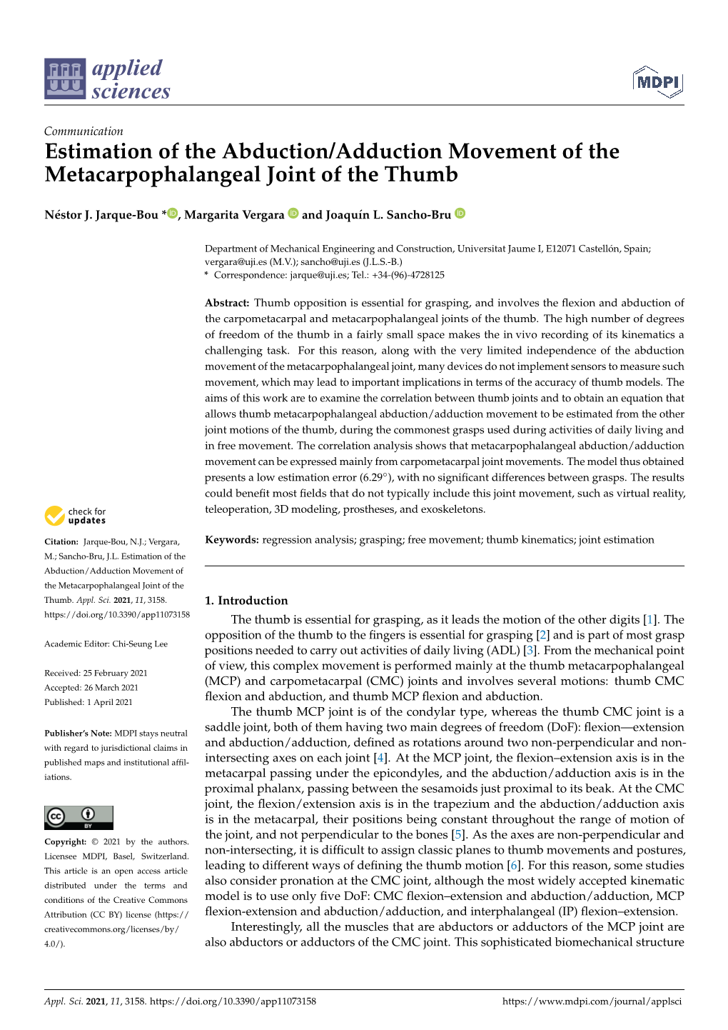Estimation of the Abduction/Adduction Movement of the Metacarpophalangeal Joint of the Thumb
