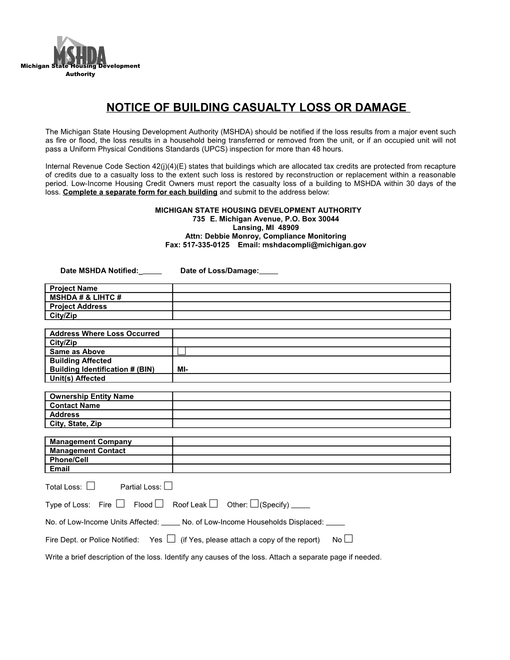 Notice of Building Casualty Loss/Damage