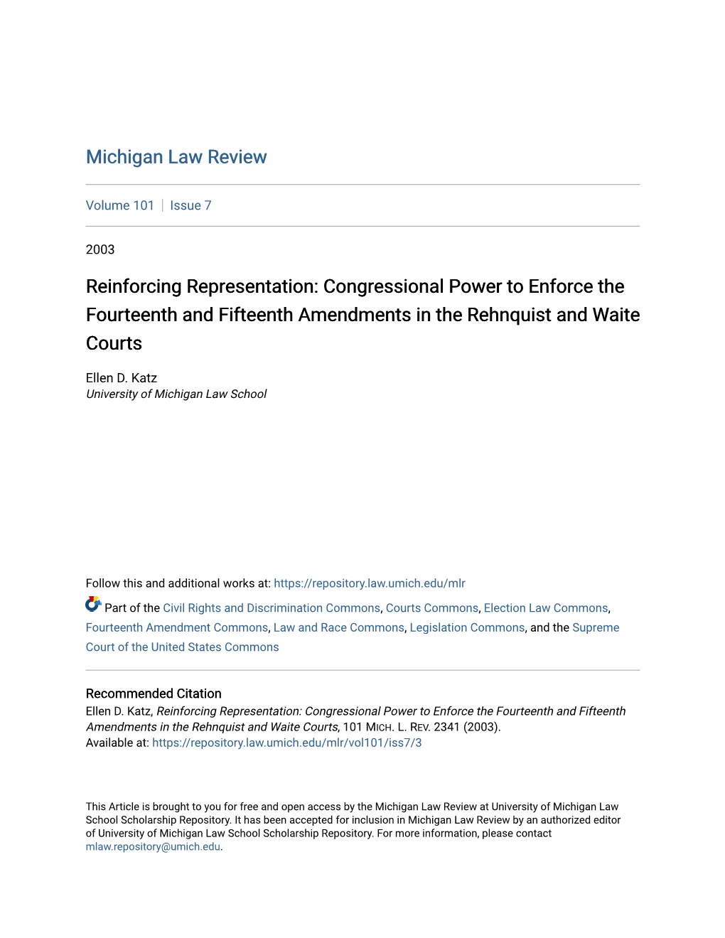 Reinforcing Representation: Congressional Power to Enforce the Fourteenth and Fifteenth Amendments in the Rehnquist and Waite Courts
