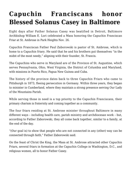 Capuchin Franciscans Honor Blessed Solanus Casey in Baltimore