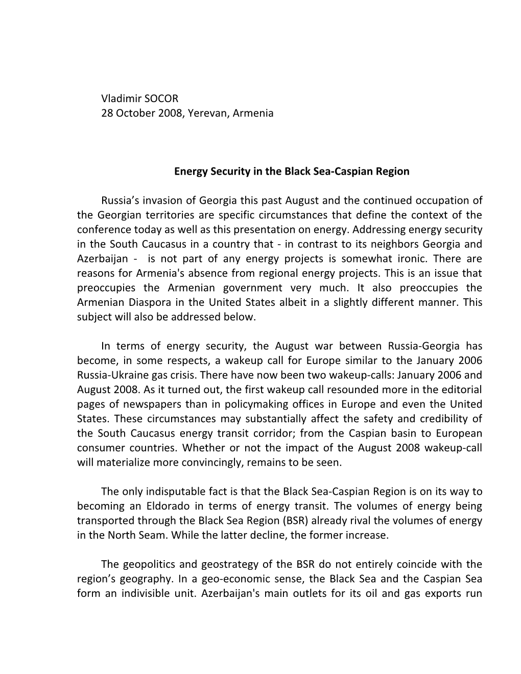 Energy Security in the Black Sea-Caspian Region