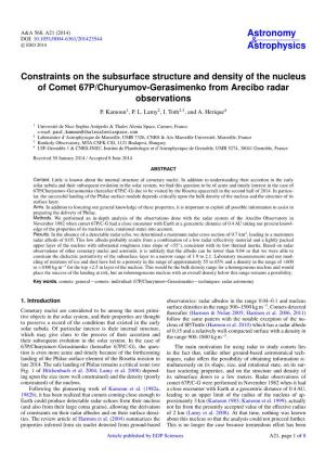 Constraints on the Subsurface Structure and Density of the Nucleus of Comet 67P/Churyumov-Gerasimenko from Arecibo Radar Observations P