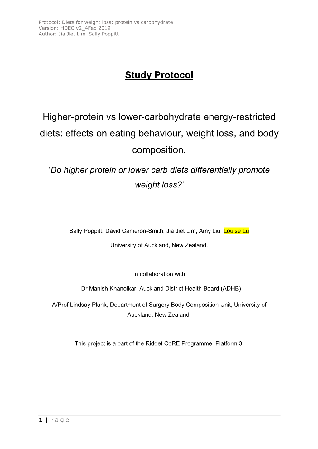 Study Protocol Higher-Protein Vs Lower-Carbohydrate Energy-Restricted Diets