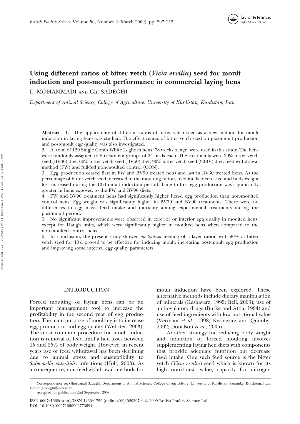 Vicia Ervilia) Seed for Moult Induction and Post-Moult Performance in Commercial Laying Hens