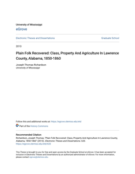 Class, Property and Agriculture in Lawrence County, Alabama, 1850-1860