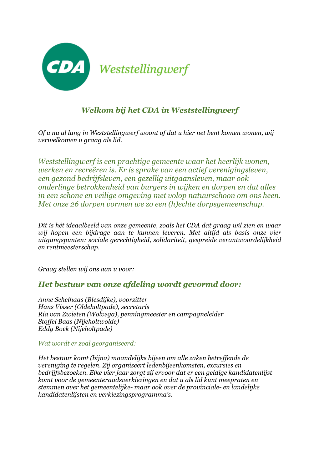 Welkom Bij Het CDA in Weststellingwerf Weststellingwerf Is