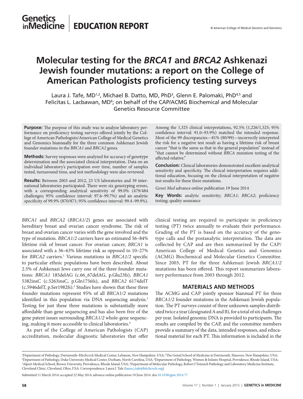 Molecular Testing for the BRCA1 and BRCA2 Ashkenazi Jewish Founder Mutations: a Report on the College of American Pathologists Proficiency Testing Surveys