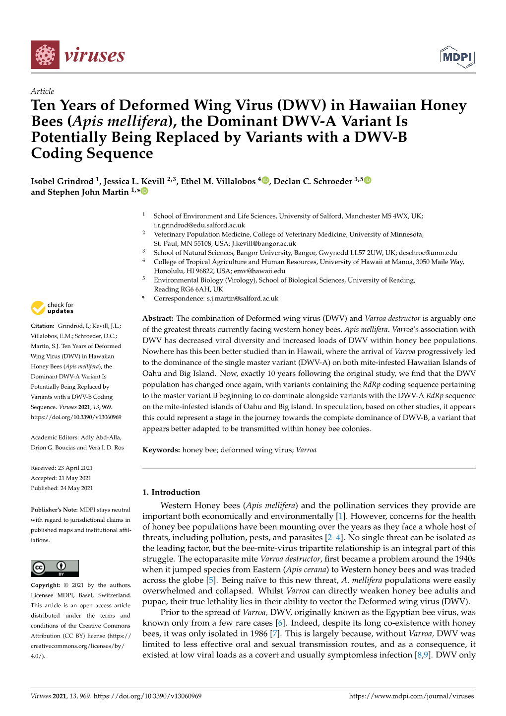 Ten Years of Deformed Wing Virus (DWV) in Hawaiian Honey