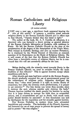 Roman Catholicism and Religious Liberty (A Review Article) UST Over a Year Ago, a Significant Book Appeared Bearing the J Title of This Article