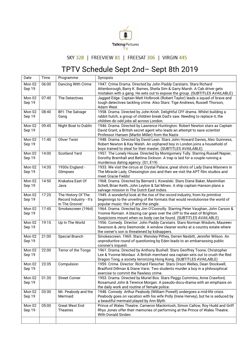 TPTV Schedule Sept 2Nd– Sept 8Th 2019 Date Time Programme Synopsis Mon 02 06:00 Dancing with Crime 1947