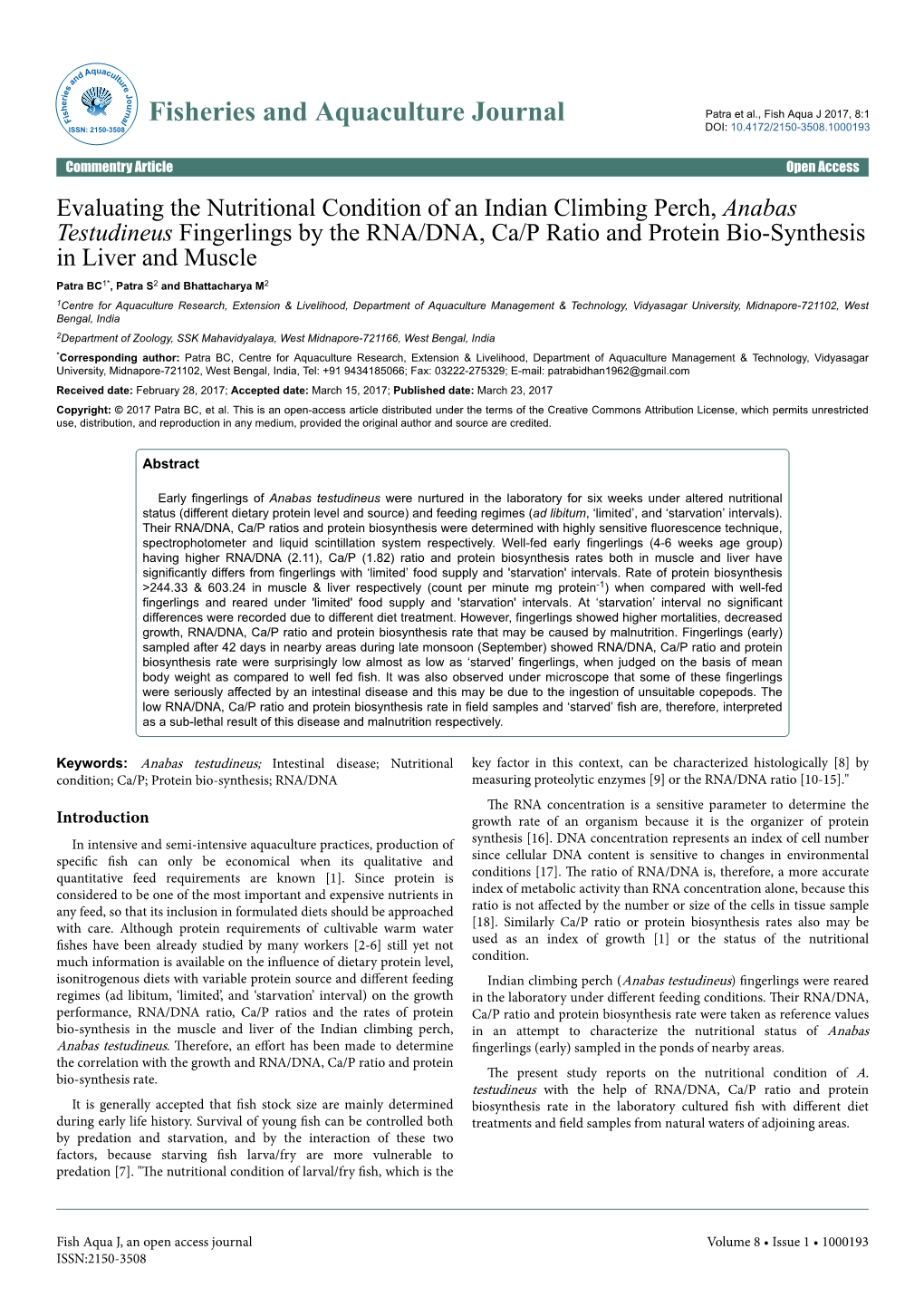 Evaluating the Nutritional Condition of an Indian Climbing Perch, Anabas