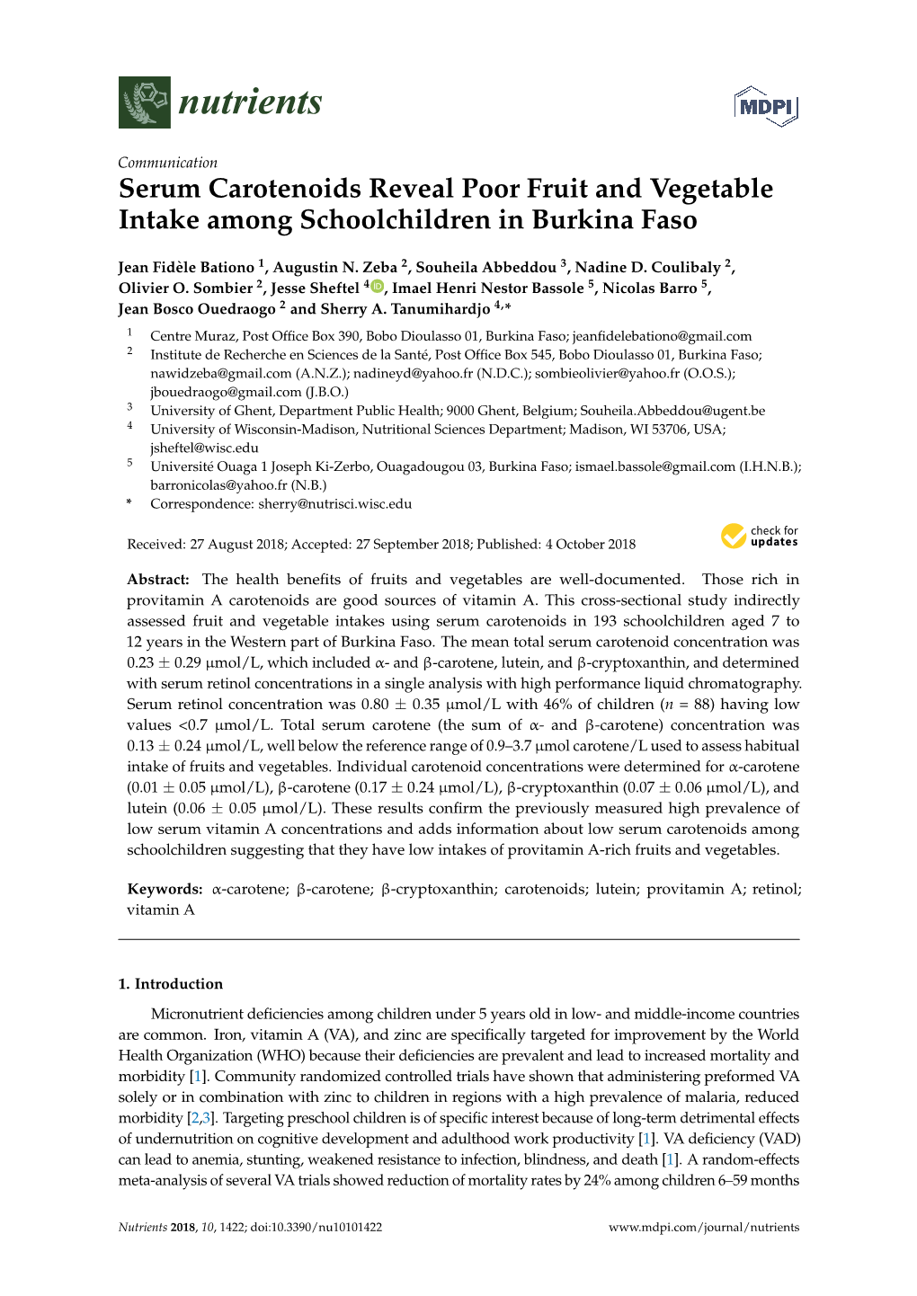 Serum Carotenoids Reveal Poor Fruit and Vegetable Intake Among Schoolchildren in Burkina Faso