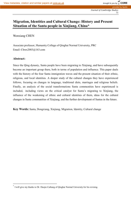 Migration, Identities and Cultural Change: History and Present Situation of the Santa People in Xinjiang, China*