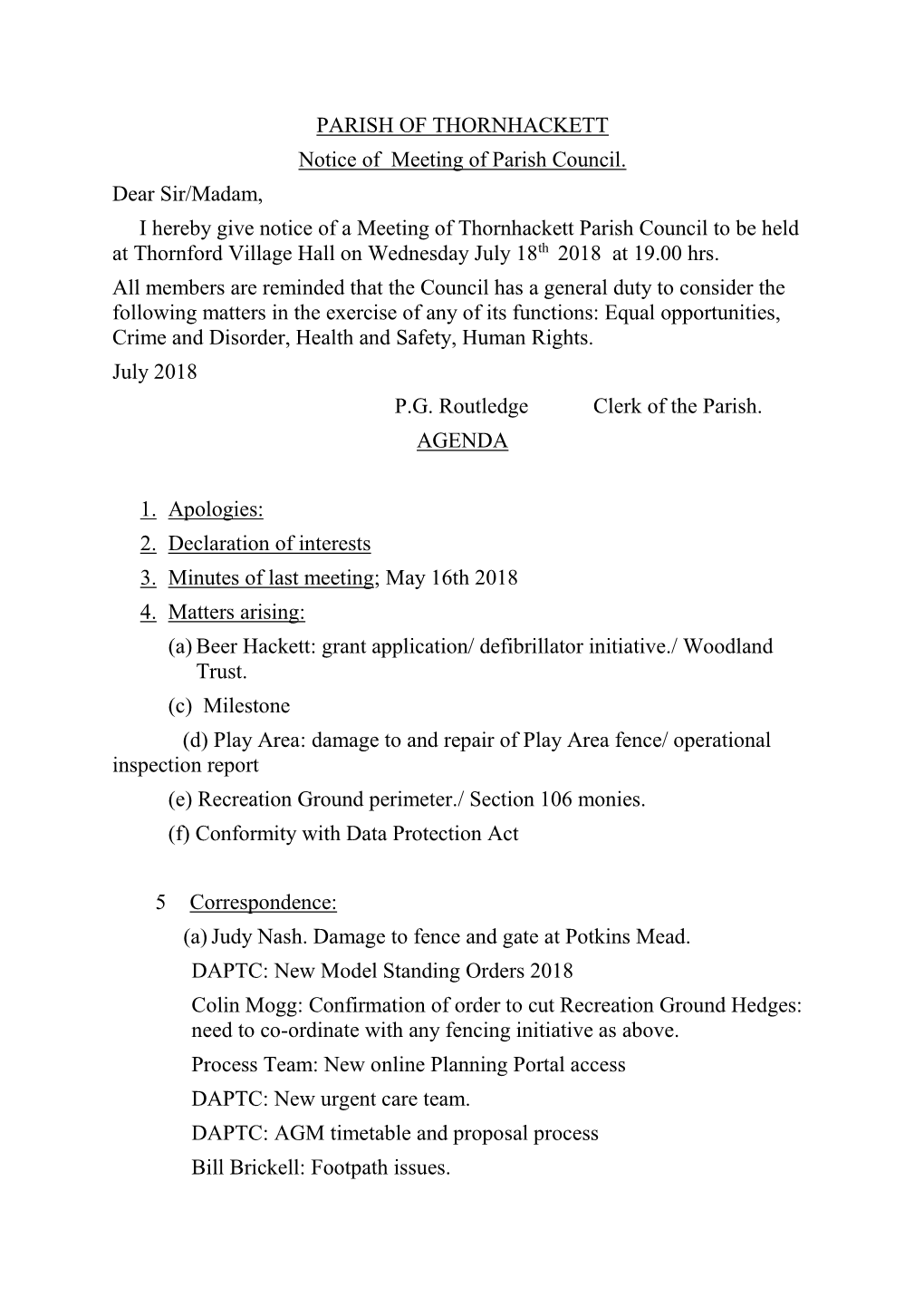 PARISH of THORNHACKETT Notice of Meeting of Parish Council. Dear