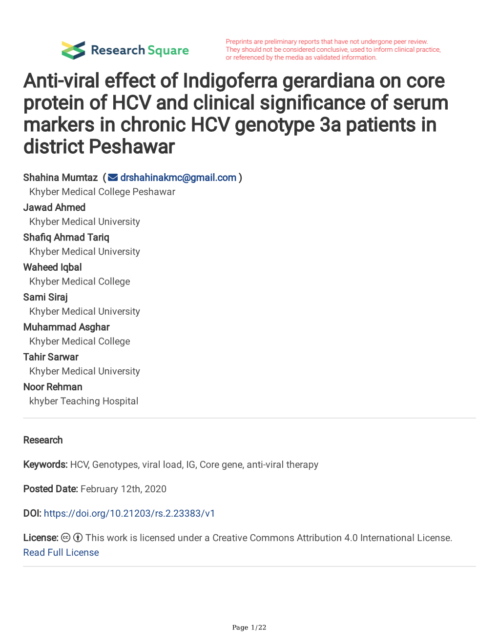 Anti-Viral Effect of Indigoferra Gerardiana on Core Protein of HCV and Clinical Signifcance of Serum Markers in Chronic HCV Genotype 3A Patients in District Peshawar