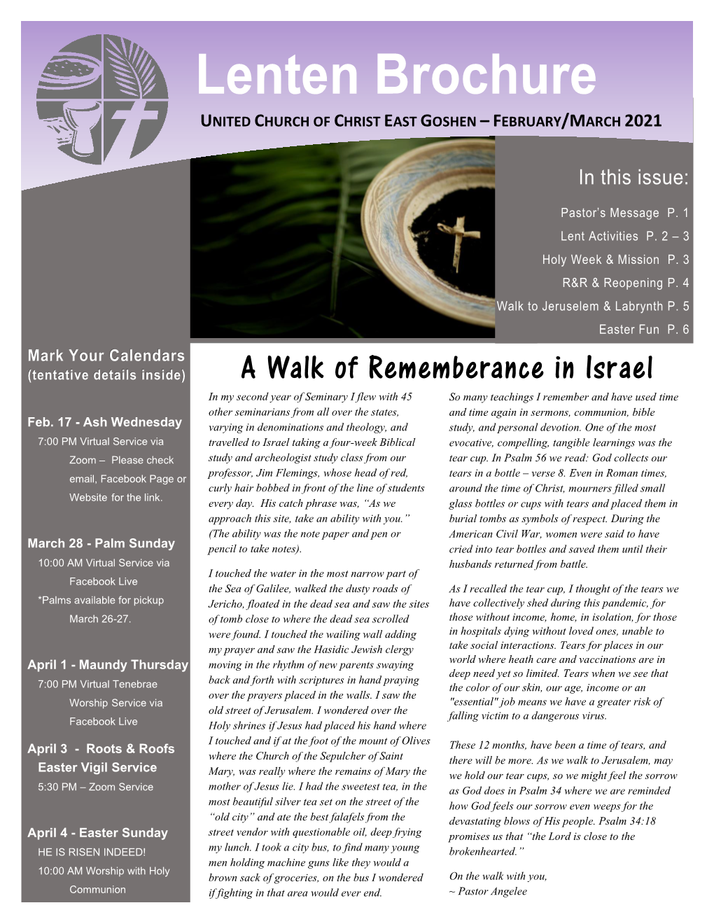 Lenten Brochure UNITED CHURCH of CHRIST EAST GOSHEN – FEBRUARY/MARCH 2021