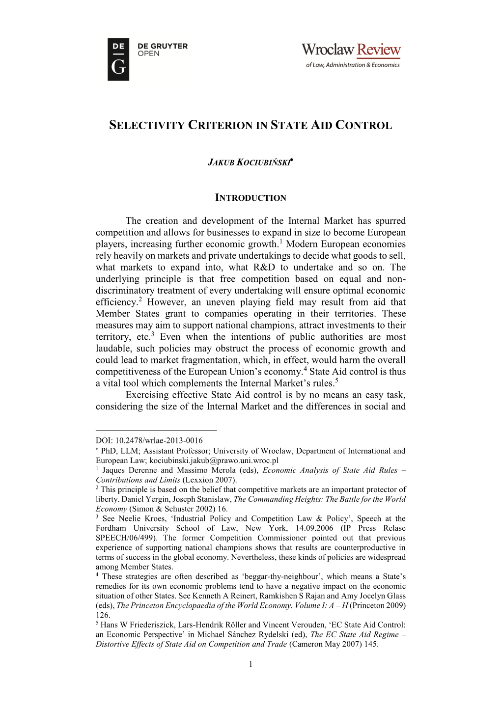 Selectivity Criterion in State Aid Control