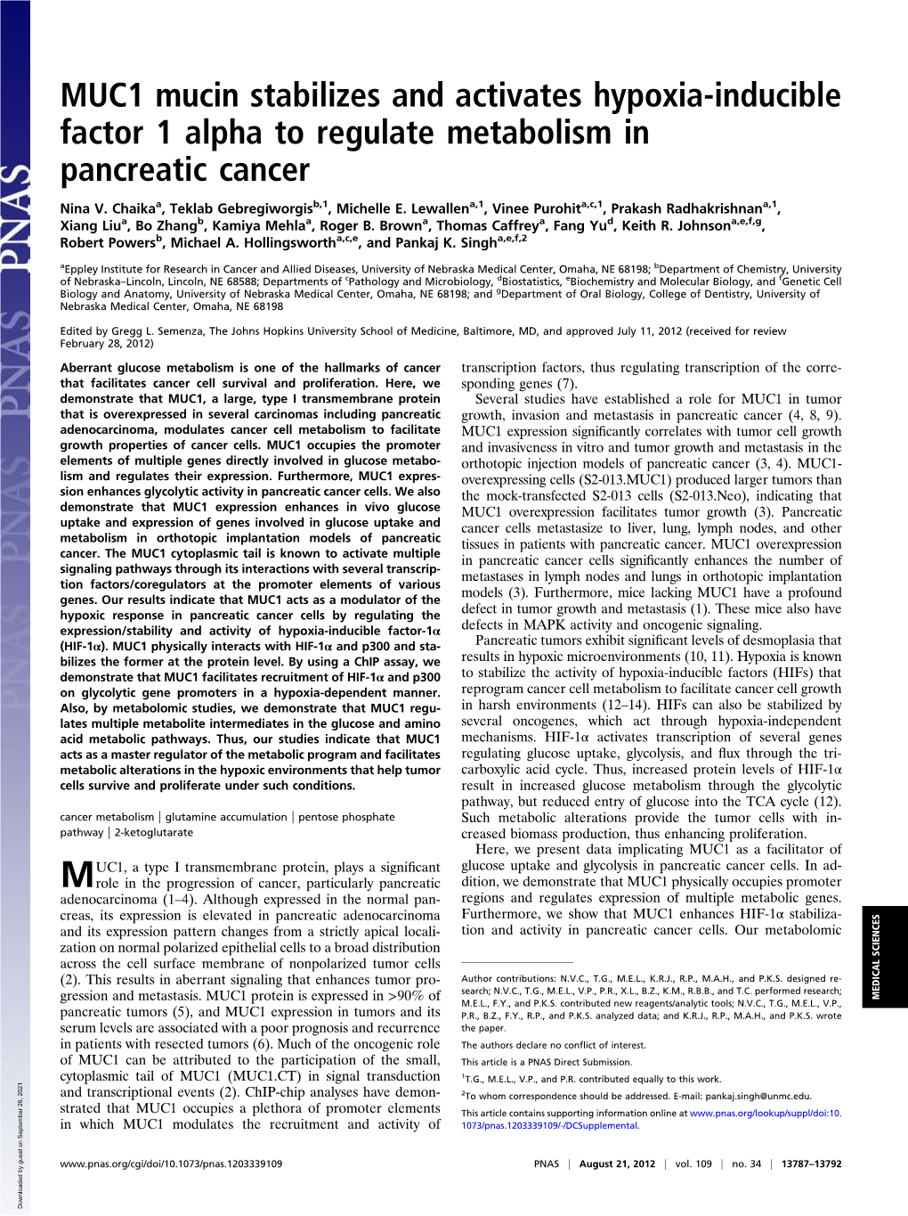 MUC1 Mucin Stabilizes and Activates Hypoxia-Inducible Factor 1 Alpha to Regulate Metabolism in Pancreatic Cancer