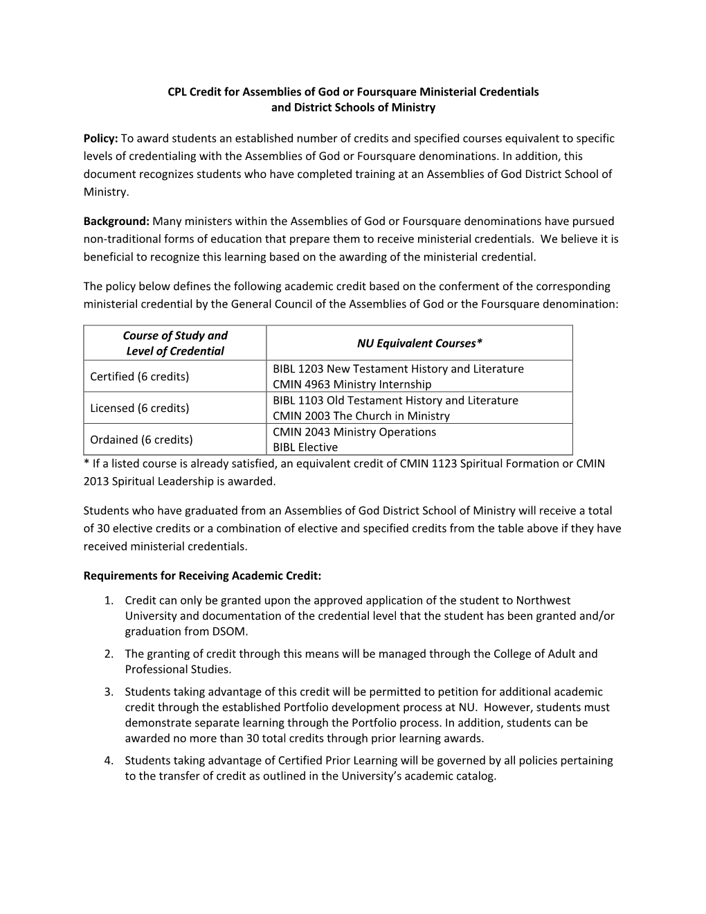 CPL Credit for Assemblies of God Or Foursquare Ministerial Credentials and District Schools of Ministry