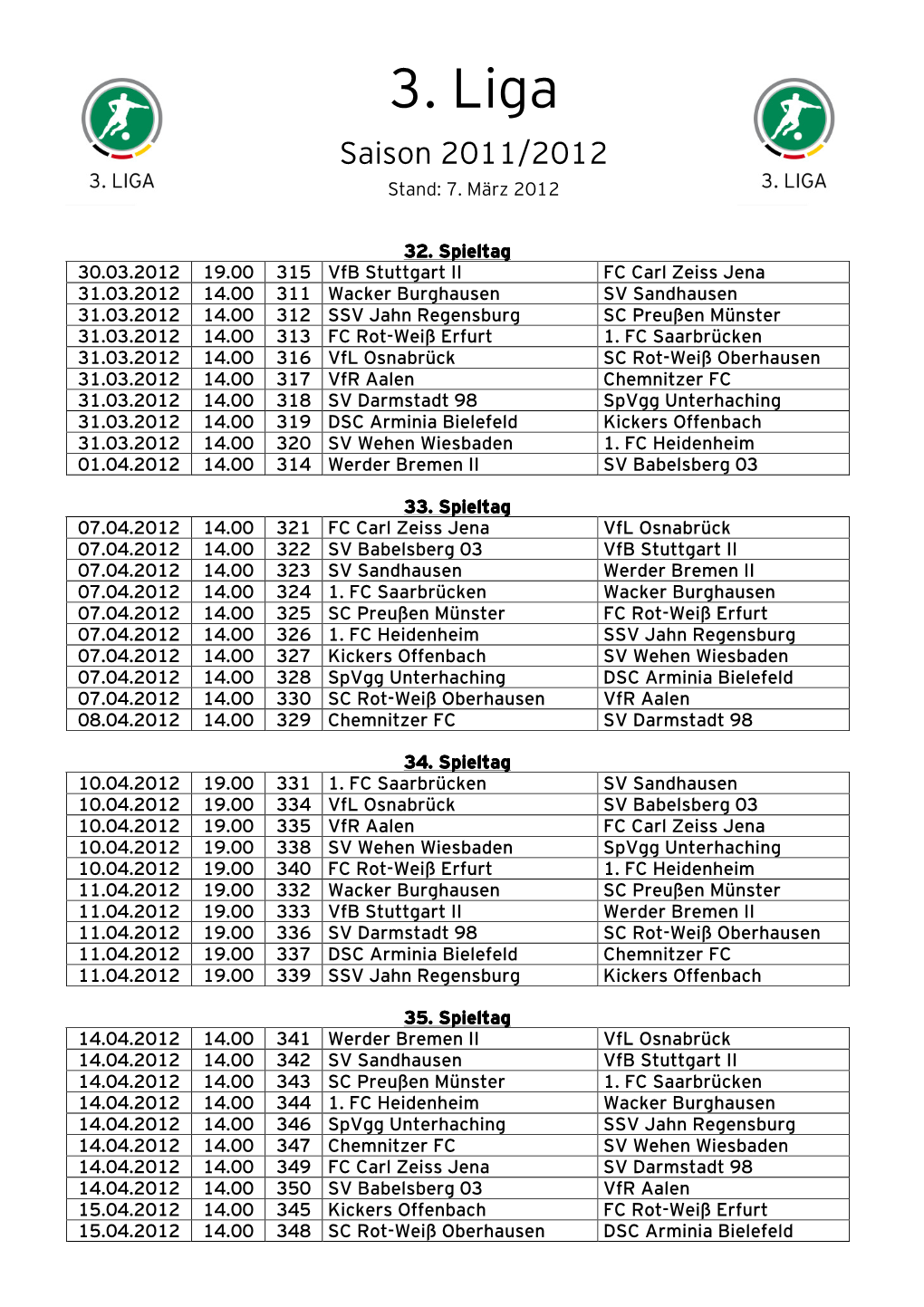 Spielplan 3. Liga 11-12 Spieltage 32-38