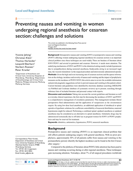 Preventing Nausea and Vomiting in Women Undergoing Regional Anesthesia for Cesarean Section: Challenges and Solutions