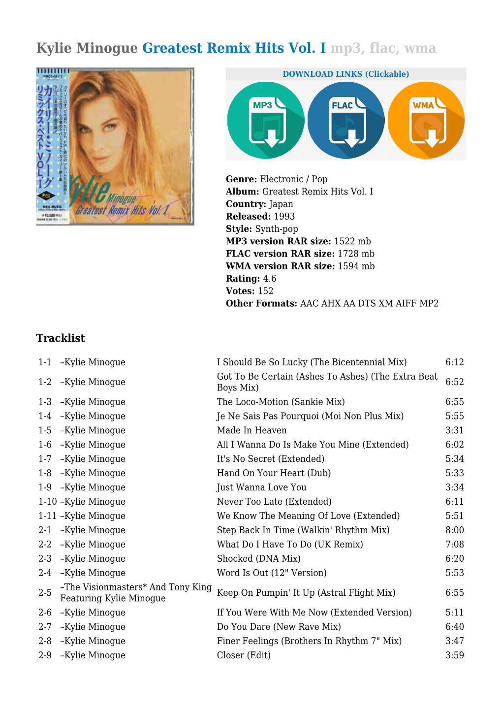 Kylie Minogue Greatest Remix Hits Vol. I Mp3, Flac, Wma - DocsLib