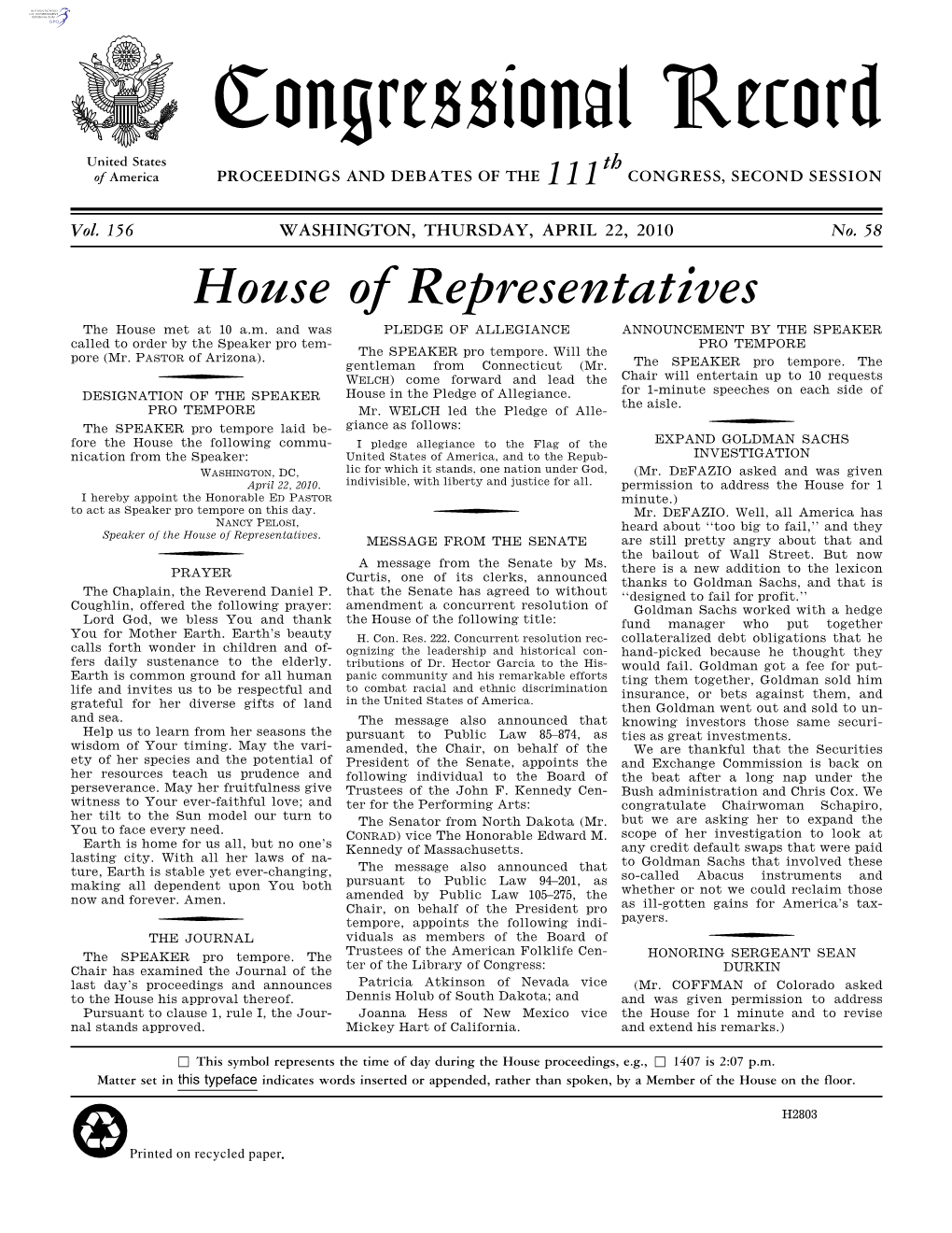 Congressional Record United States Th of America PROCEEDINGS and DEBATES of the 111 CONGRESS, SECOND SESSION