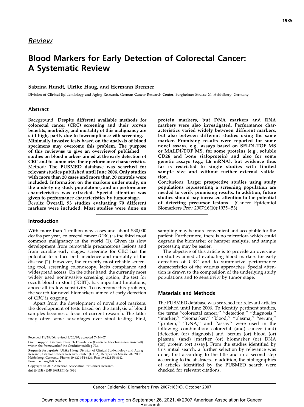 Blood Markers for Early Detection of Colorectal Cancer: a Systematic Review