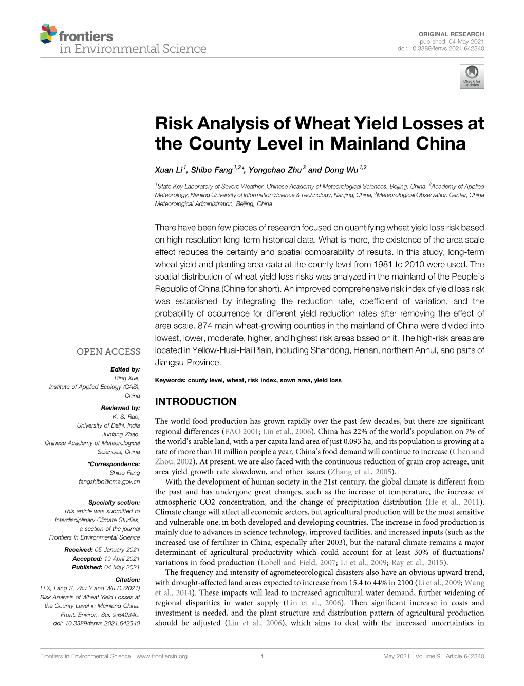 Risk Analysis of Wheat Yield Losses at the County Level in Mainland China