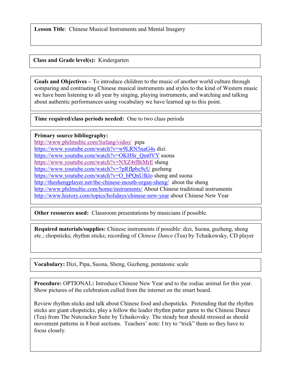 Lesson Title: Chinese Musical Instruments and Mental Imagery