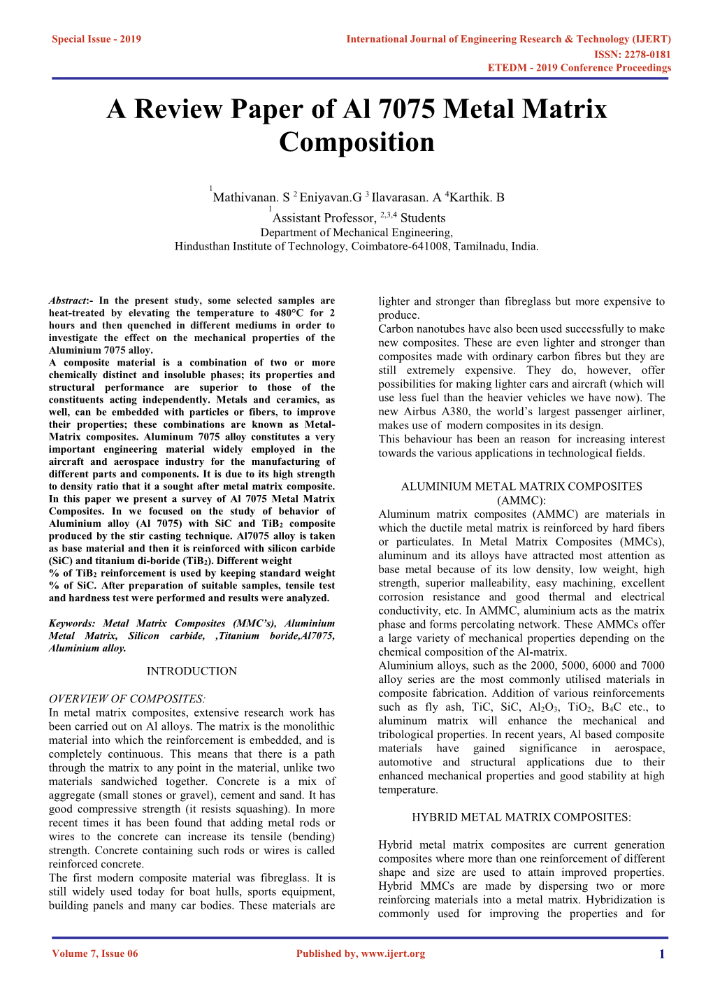 A Review Paper of Al 7075 Metal Matrix Composition