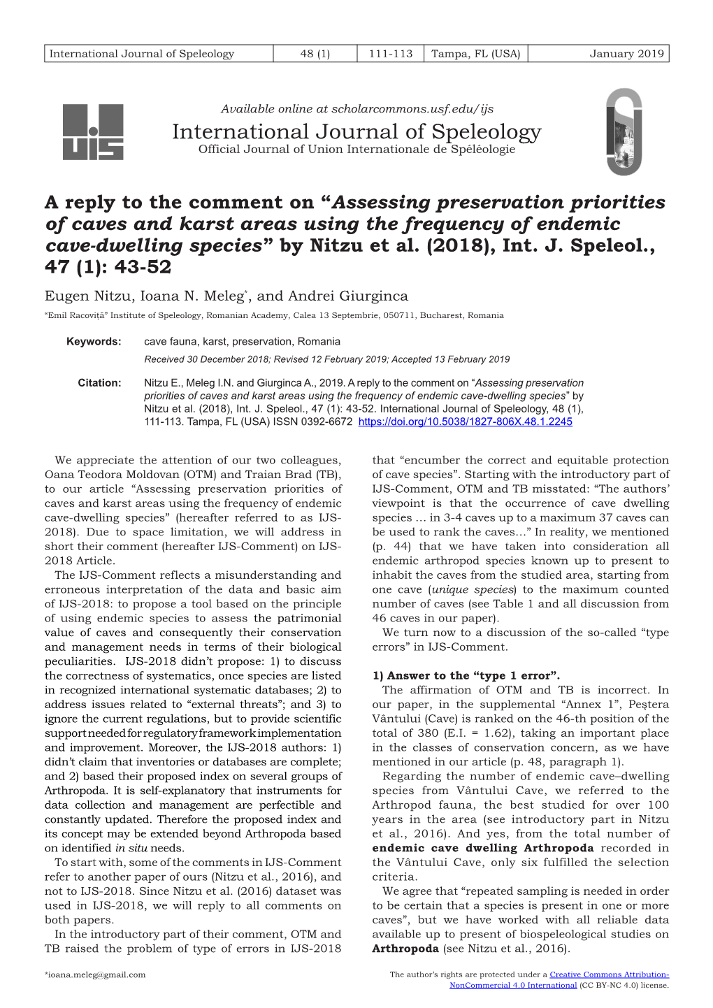 Assessing Preservation Priorities of Caves and Karst Areas Using the Frequency of Endemic Cave-Dwelling Species” by Nitzu Et Al