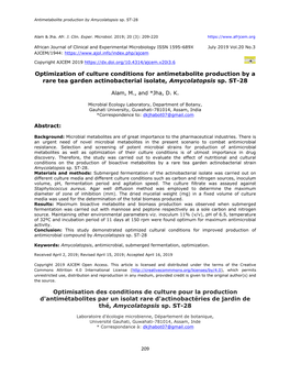 Optimization of Culture Conditions for Antimetabolite Production by a Rare Tea Garden Actinobacterial Isolate, Amycolatopsis Sp